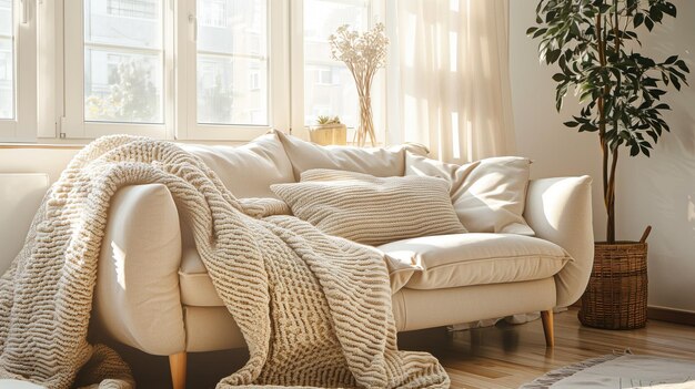 Foto furniture in beige living room with cozy wood couch and blanket