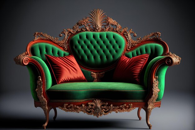 Furniture A green and red wood detailed antique sofa attention on couch arm