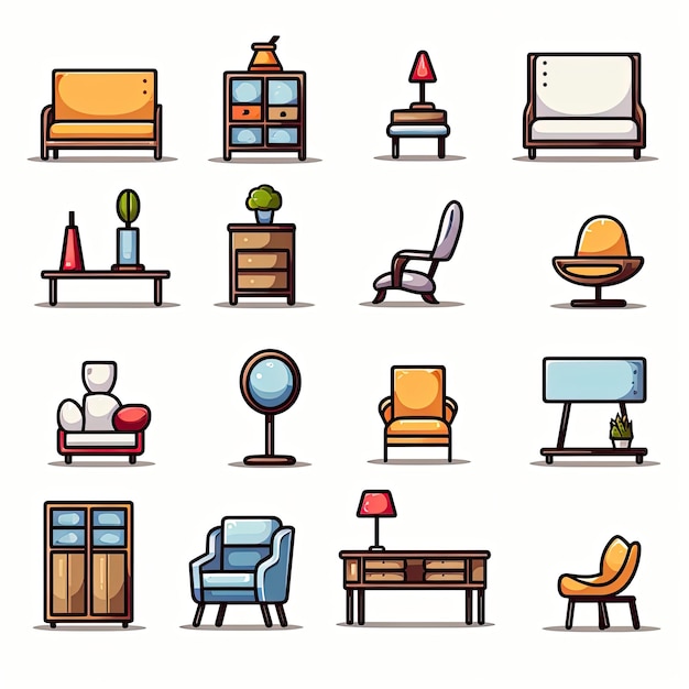 家具アイコンセット フラットスタイルの家具アイコンのコレクション