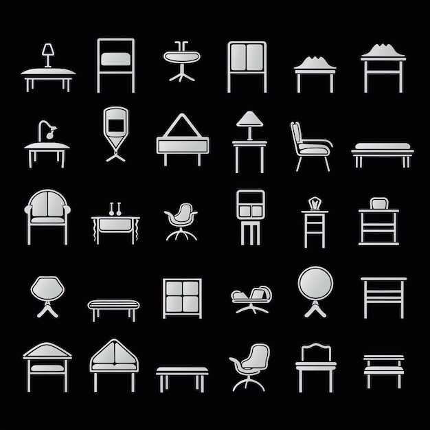 Photo furniture icons set white on black background vector illustration