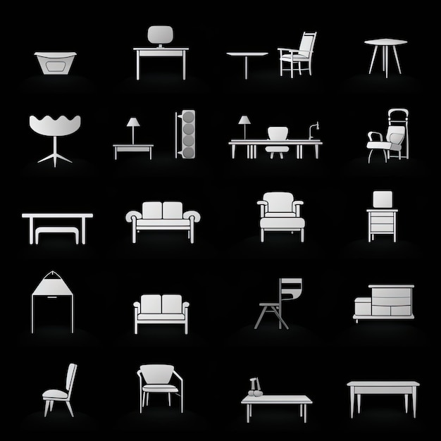 Photo furniture icons set white on black background vector illustration