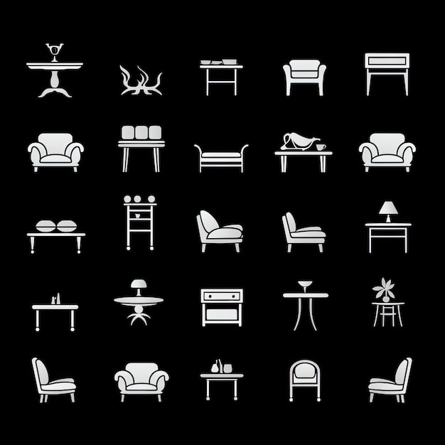 Photo furniture icons set white on black background vector illustration