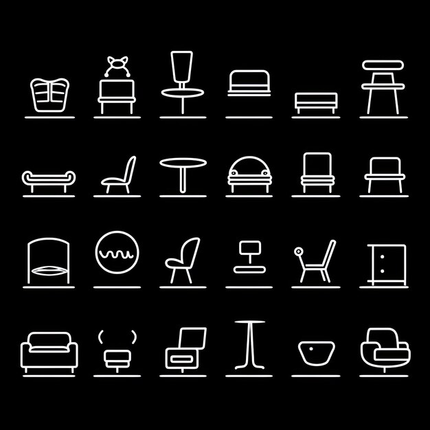 Furniture icons set White on black background Vector illustration