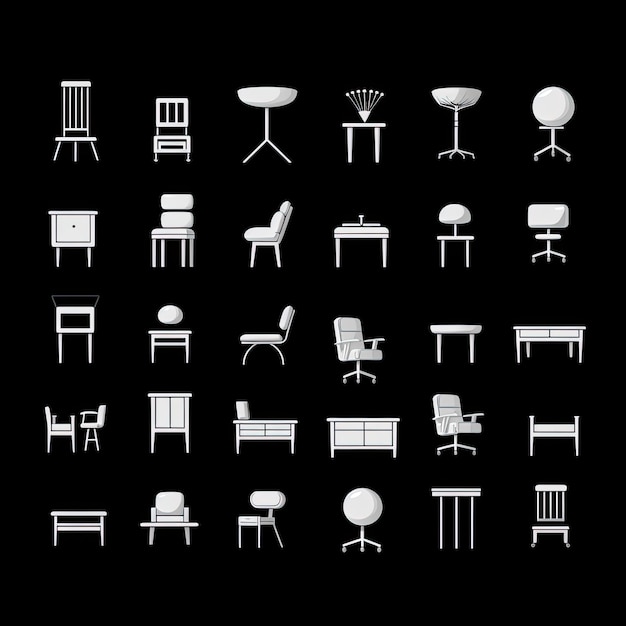furniture icons set white on black background vector illustration