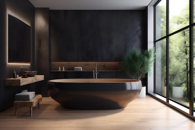 Furniture luxury bathtub modern black bathroom home design cabinet interior wood Generative AI