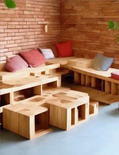 Foto mobili realizzati con mattoni e illustrazione di legno riciclato