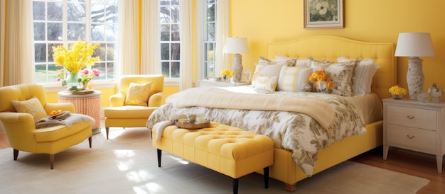Фото Размещение мебели в светлой спальне с желтыми стенами
