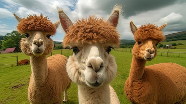 Furry alpacas enchanting animals known for their fluffy coats and captivating expressive eyes These gentle beings radiate warmth and charm Generated by AI