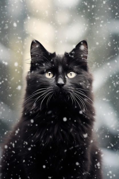 Furry black cat in winter with falling snow