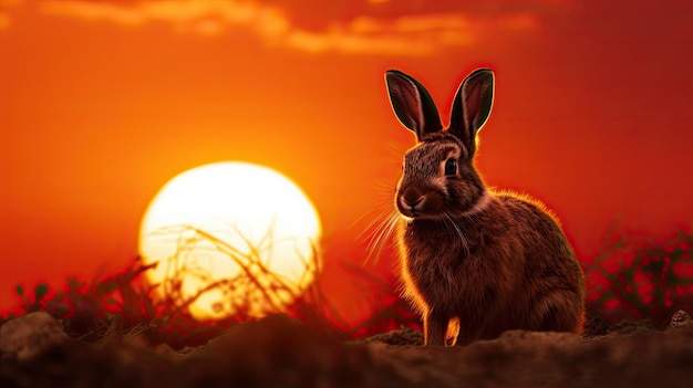 Photo a furry bunny rabbit s silhouette at sunrise