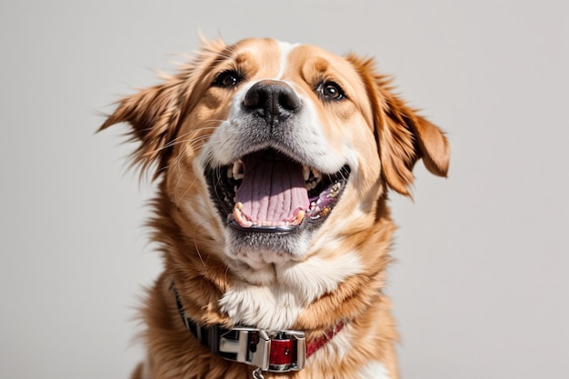 Photo furry canine portrait cute happy dog sticking out tongue in studio