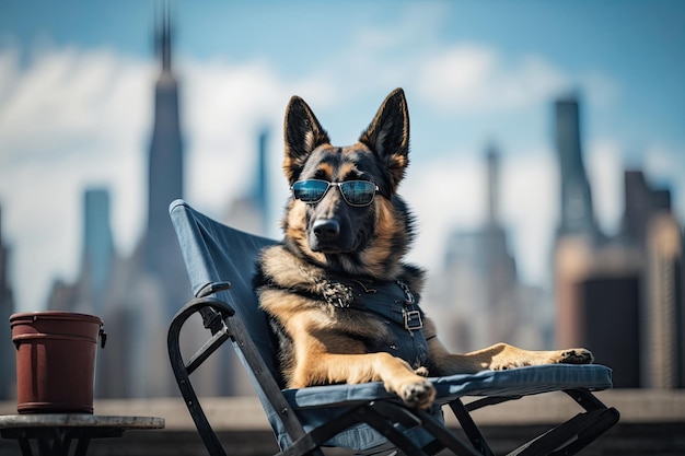 Furry friend takes in skyscraper panorama from high above generative AI