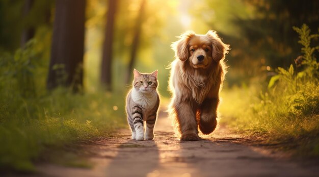 Furry friends cat and dog walking Generative AI