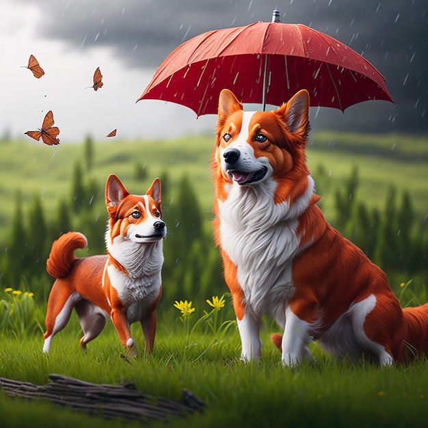 furry friends red cat and corgi dog walking in a summer Ai Generated