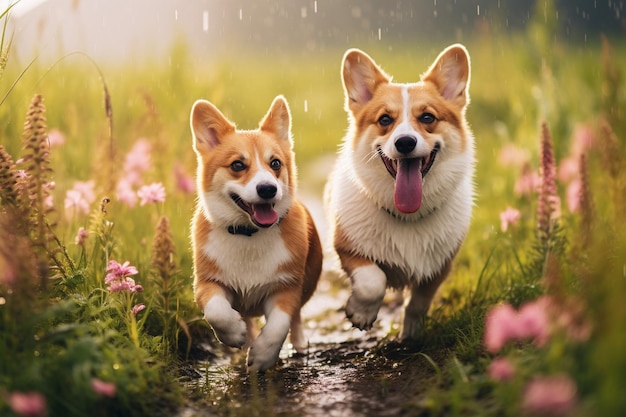 Furry friends red cat and corgi dog walking in a summer meadow under the drops of warm rain