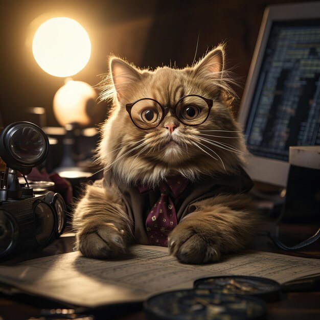 Foto furry supervisor cat sorveglia il digital realmcat con lo schermo del computer