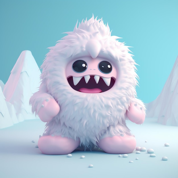 A furry white monster with black eyes sits in a snowy mountain landscape.