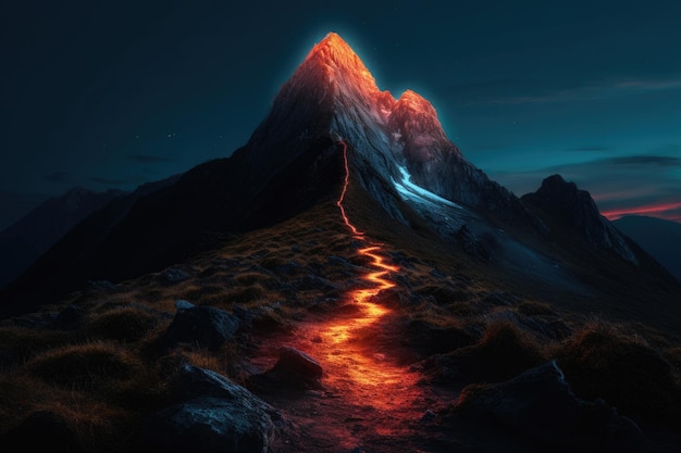 Fururistic mountain with glowing path to the top Generative AI