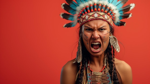 Fury Unleashed Native American Woman Exuding Anger and Frustration Isolated Against Solid Background with Copy Space