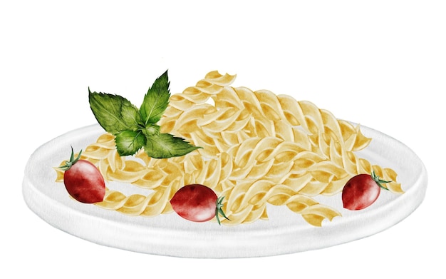 Fusili pasta on a plate watercolor painting hand drawn italian macaroni with tomatoes and basil on