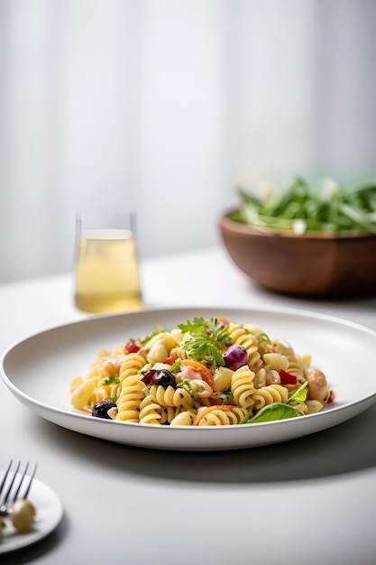 Fusilli pasta met groenten op wit bord Italiaans eten