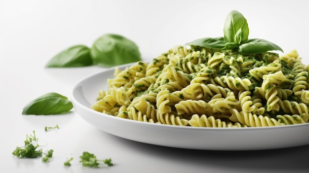 Fusilli pasta met pestosaus en basilicum op witte backgroundgeneratieve ai