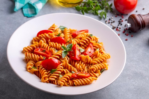 Fusilli pasta spiral or spirali pasta with tomato sauce Italian food style