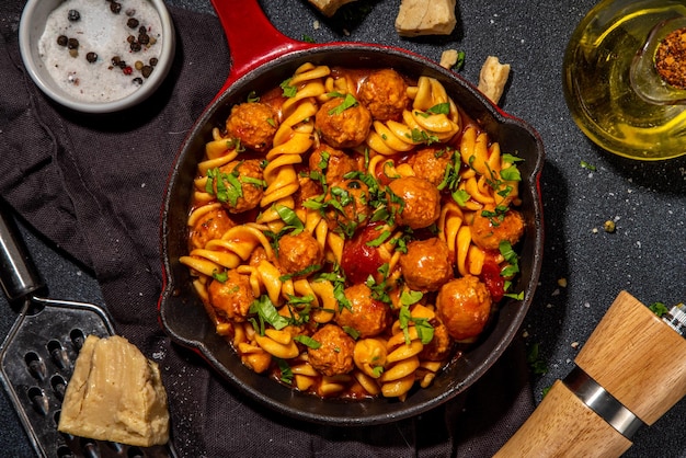 Fusilli pasta with meatballs