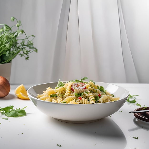 Fusilli pasta with tomatoes and arugula on the plate