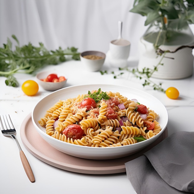 Fusilli pasta with tomatoes on white plate