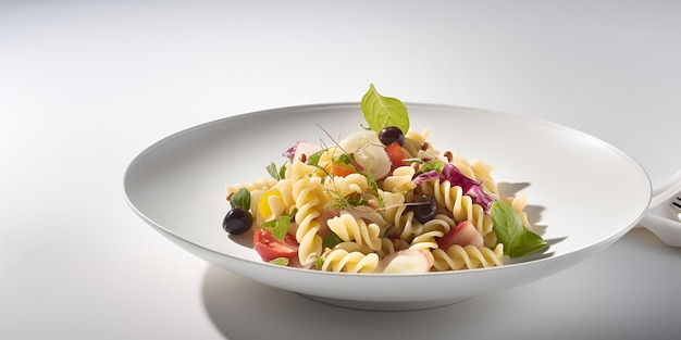 Fusilli pasta with vegetables on white plate