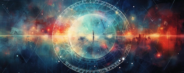 Photo fusion of celestial elements and geometric shapes on an abstract background panorama