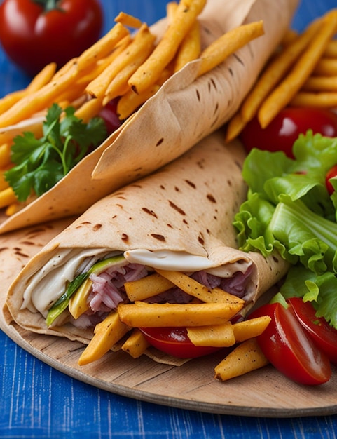 A Fusion of Chicken Fries Veggies and Salad Wrapped in Pita AIGenerated