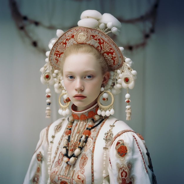 文化の融合ホワイトロシアン・コで装飾された白人アジア人女性との印象的なスタイルの旅