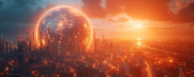 Photo fusion energy powering cities futuristic background