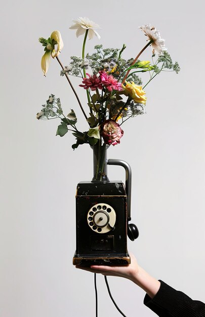 Photo a fusion of eras an antique rotary telephone turned into a vase with bright flowers