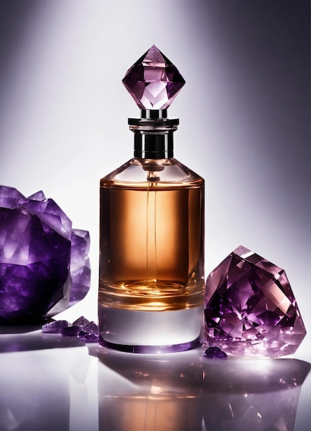 Fusion of fragrance bottles and amethyst gem