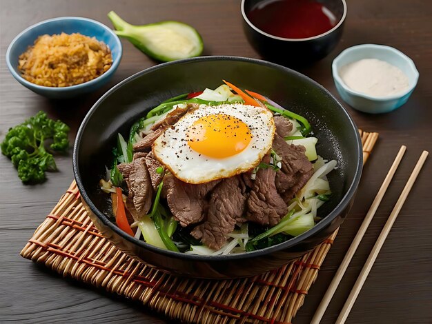 A Fusion of Fried Egg Tender Beef and Fresh Vegetables in a Classic Korean Dish