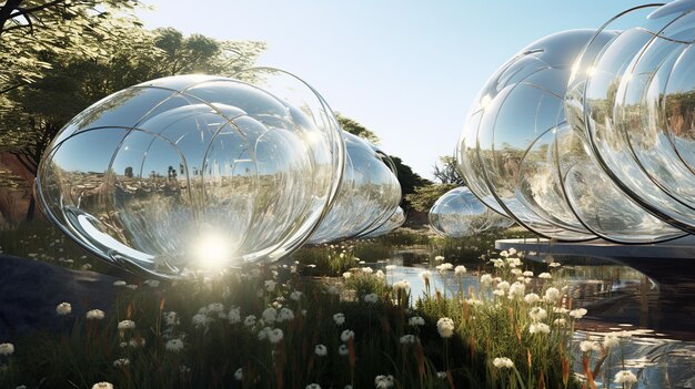 Fusion of glass light and vegetation almost transparent structure Organic forms soft curves