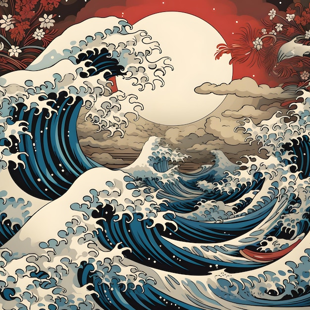 a fusion of Hokusai's iconic wave the atmospheric clouds