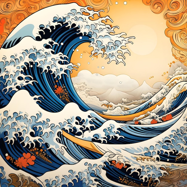 a fusion of Hokusai's iconic wave the atmospheric clouds