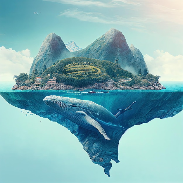 Fusion image between a blue whale and a beautiful small island in the middle of the ocean