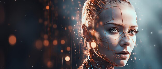 Foto futur cyber femminile ai relazione intricata tra l'umanità e il concetto di intelligenza artificiale