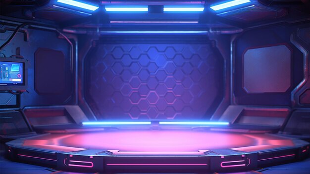 Future AI gaming stage design with neon light sports