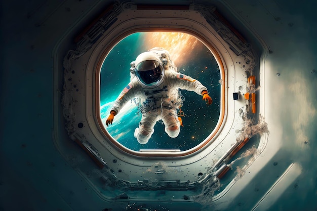 Future american floating astronaut in weightlessness exploring e