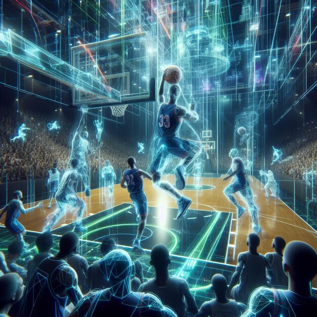 будущая арена вибрации интенсивный баскетбол голографические аплодисменты высокотехнологичное снаряжение неоновое освещение 3D рендеринг