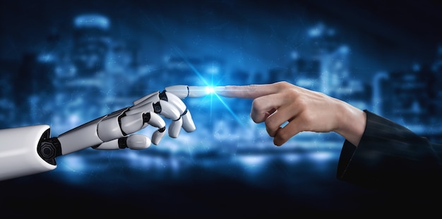 Robot e cyborg di intelligenza artificiale del futuro.