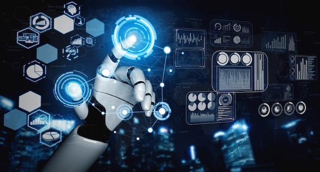 Futuro robot e cyborg di intelligenza artificiale.