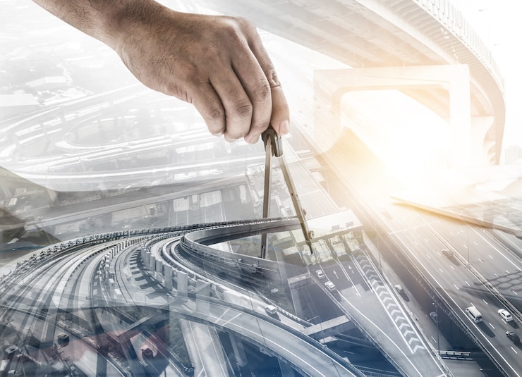 Photo future building construction engineering project concept with double exposure graphic design. building engineer, architect people or construction worker working with modern civil equipment technology.