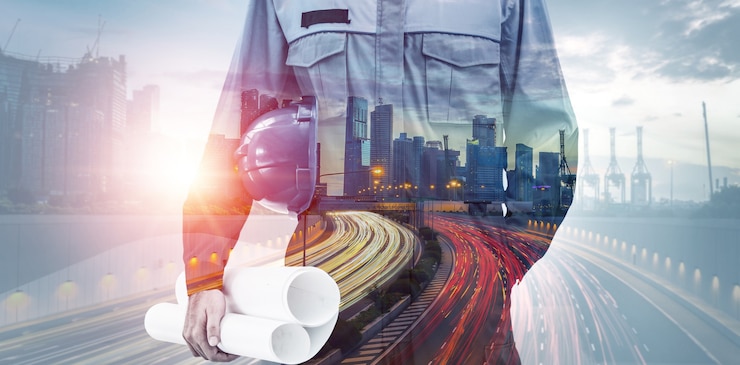 Photo future building construction engineering project concept with double exposure graphic design. building engineer, architect people or construction worker working with modern civil equipment technology.